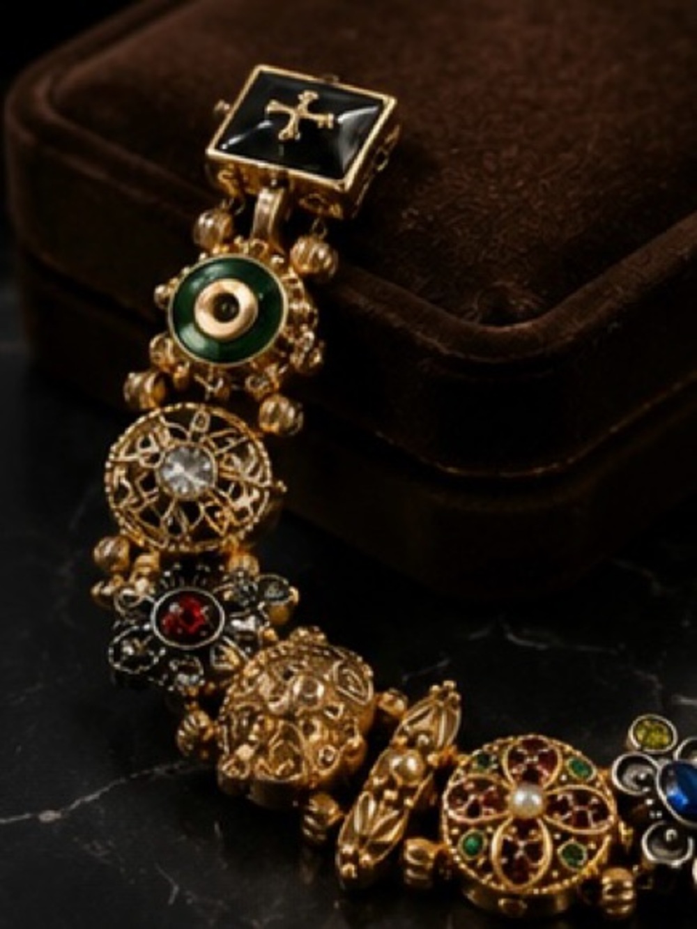 Vintage Art Deco Charm Bracelet | Antique Gold Statement Bracelet | Colorful - Picture 11 of 12